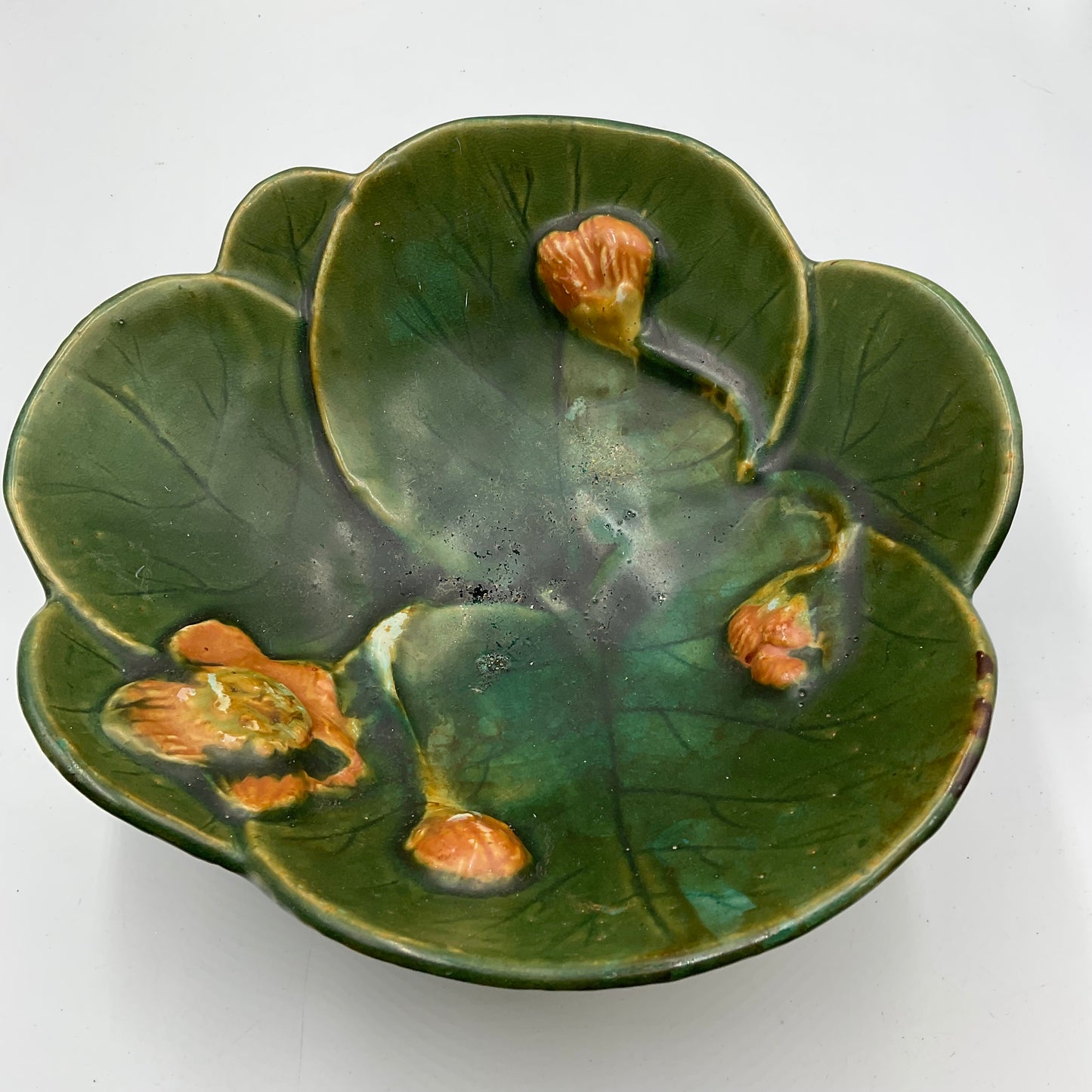 Antique Majolica Lily Pad & Flower Bowl