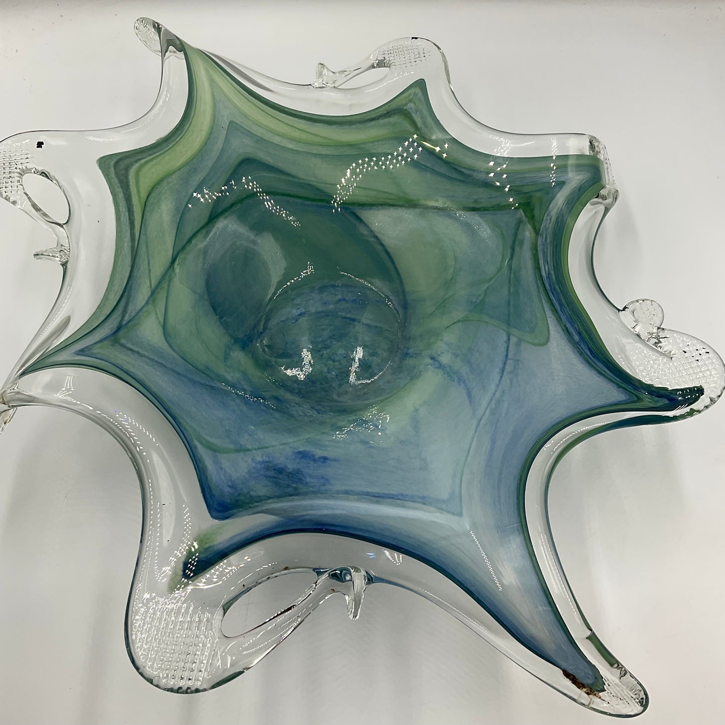 Murano Art Glass Bowl Blue with Green Swirls