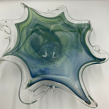 Murano Art Glass Bowl Blue with Green Swirls