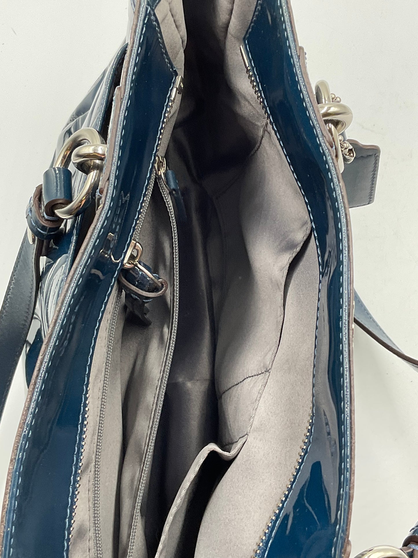 Coach Dark Teal Patent Leather Tote Silvertone Hardware Accents