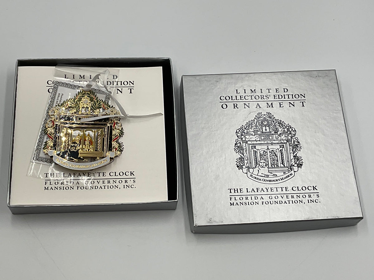 2008 Florida Governor's Mansion Ornament The Lafayette Clock 24K Gold Box Stand