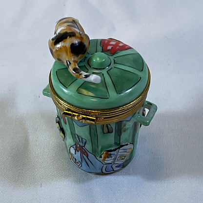 Peint a la Main Limoges France Authentic Vintage Collectible Hand Painted Porcelain Cat on Garbage Can Trinket Box