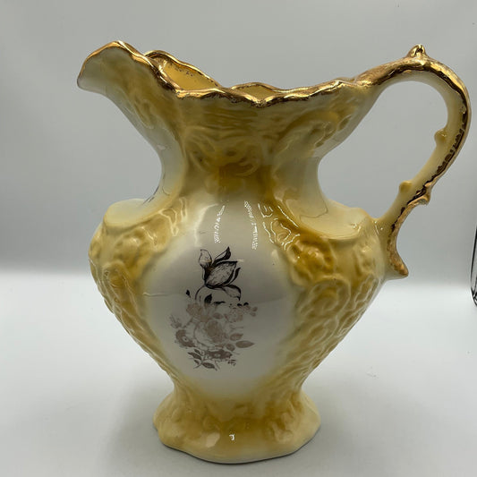Vintage Yellow Porcelain Pitcher Vase with Goldtone Trim