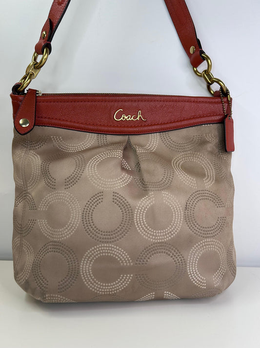 Coach Ashley Op Art Dotted Shoulder Bag Tan with Orange/Salmon Leather Accent