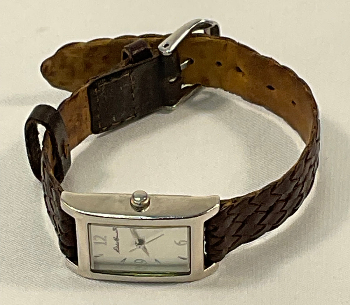 Eddie Bauer Quartz Silvertone Women's Watch Braided Brown Leather Band Working New Battery