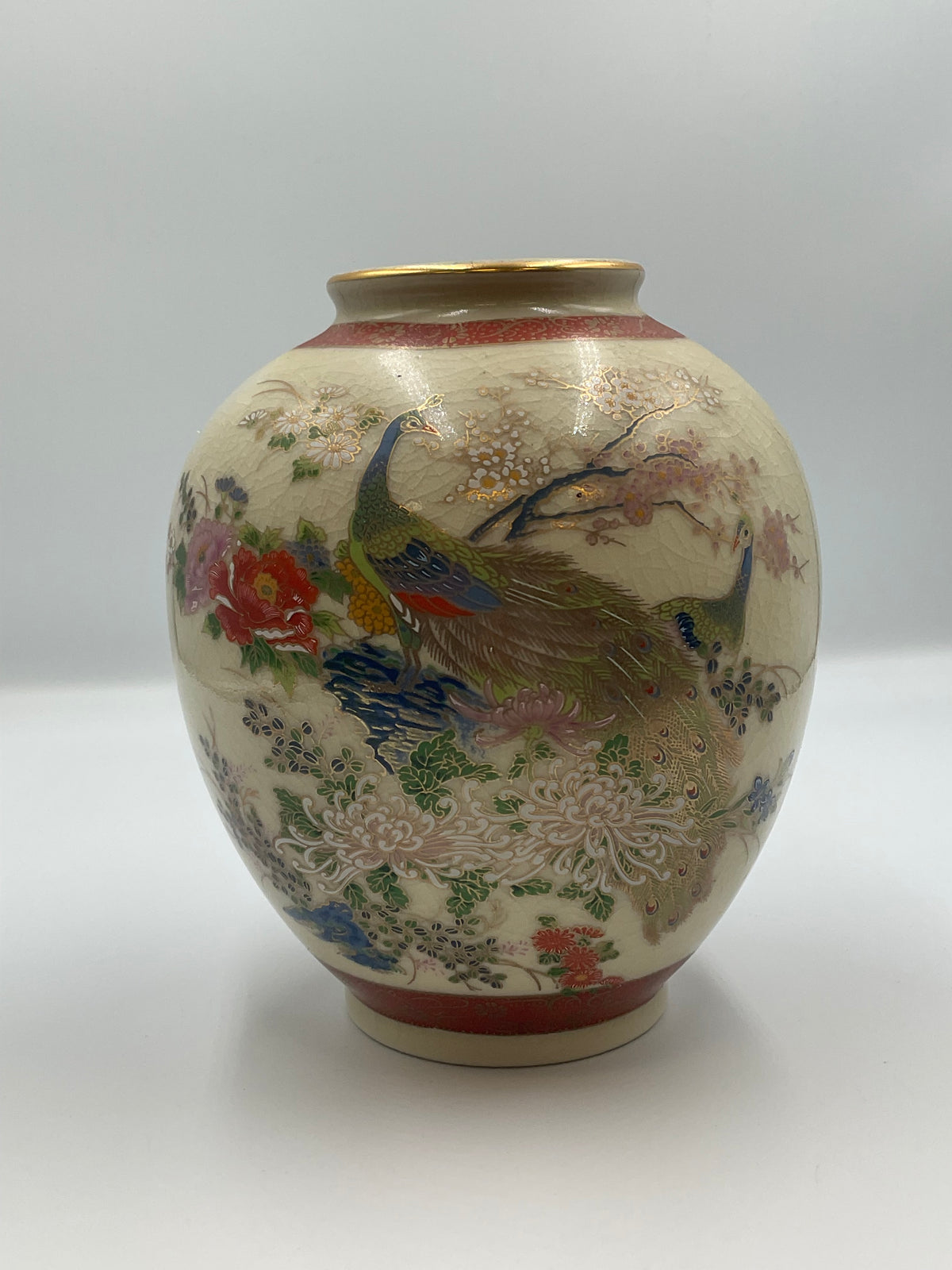 Japanese Satsuma-style porcelain peacock ovoid vase