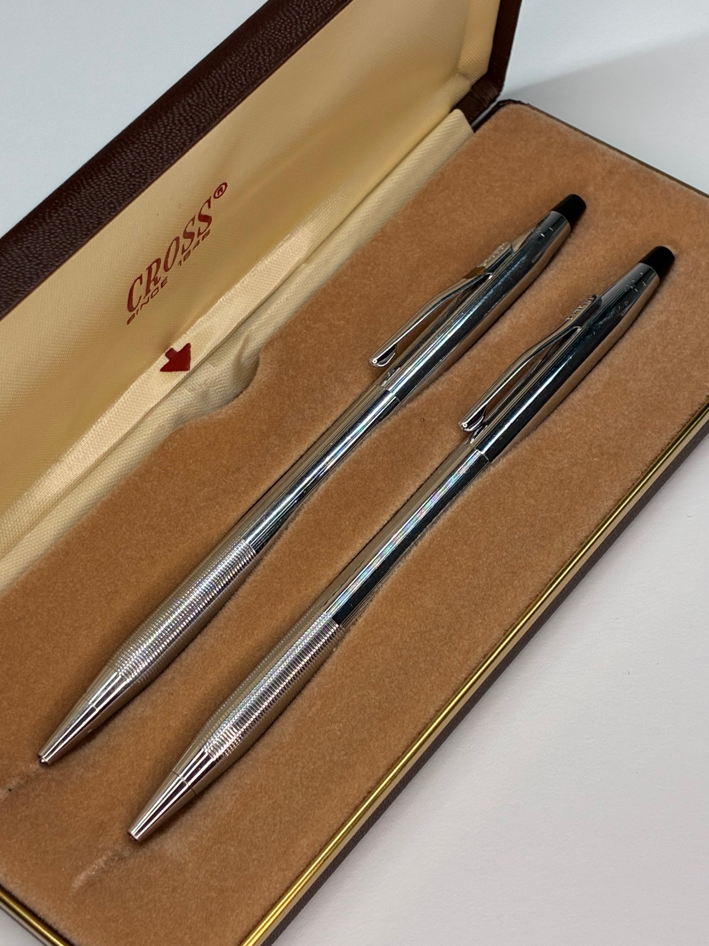 Cross Two-Piece Silvertone Ballpoint Pen Set Blue and Black Ink in Brown Leather Case with Goldtone Trim Lettering