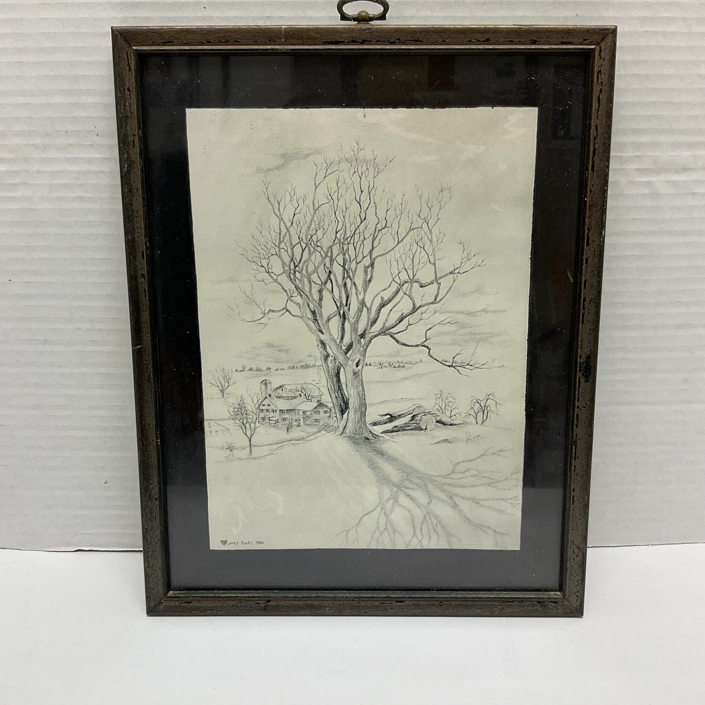 Mary Koski Artist Vintage 1966 Framed Pencil Art Sketch Winter Farm