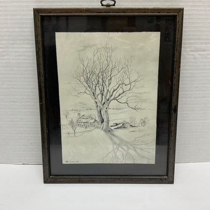 Mary Koski Artist Vintage 1966 Framed Pencil Art Sketch Winter Farm