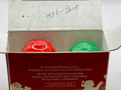 Claus & Company Porcelain Collection Santa's Helpers Salt Pepper Shakers Vintage Christmas Holiday Decor with Original Box