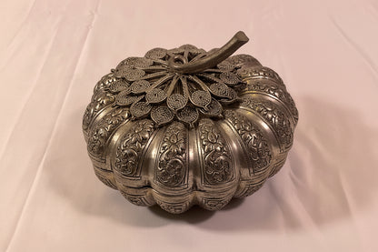 Vintage Cambodian Pumpkin Trinket Betel Nut Box Possibly Silver-Plated