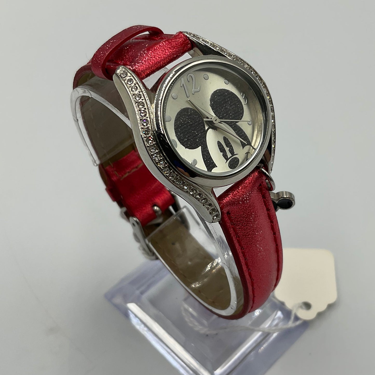 Disney Mickey Mouse Silvertone Rhinestone Glitter Red Watch New Battery