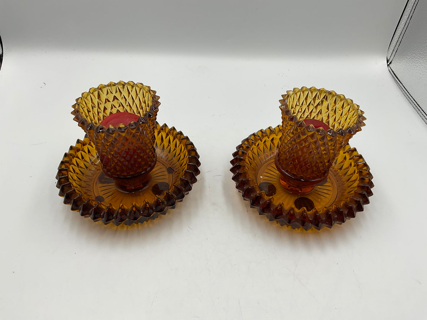 Set of 2 Vintage Diamond Cut Amber Glass Candle Holders