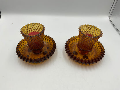 Set of 2 Vintage Diamond Cut Amber Glass Candle Holders