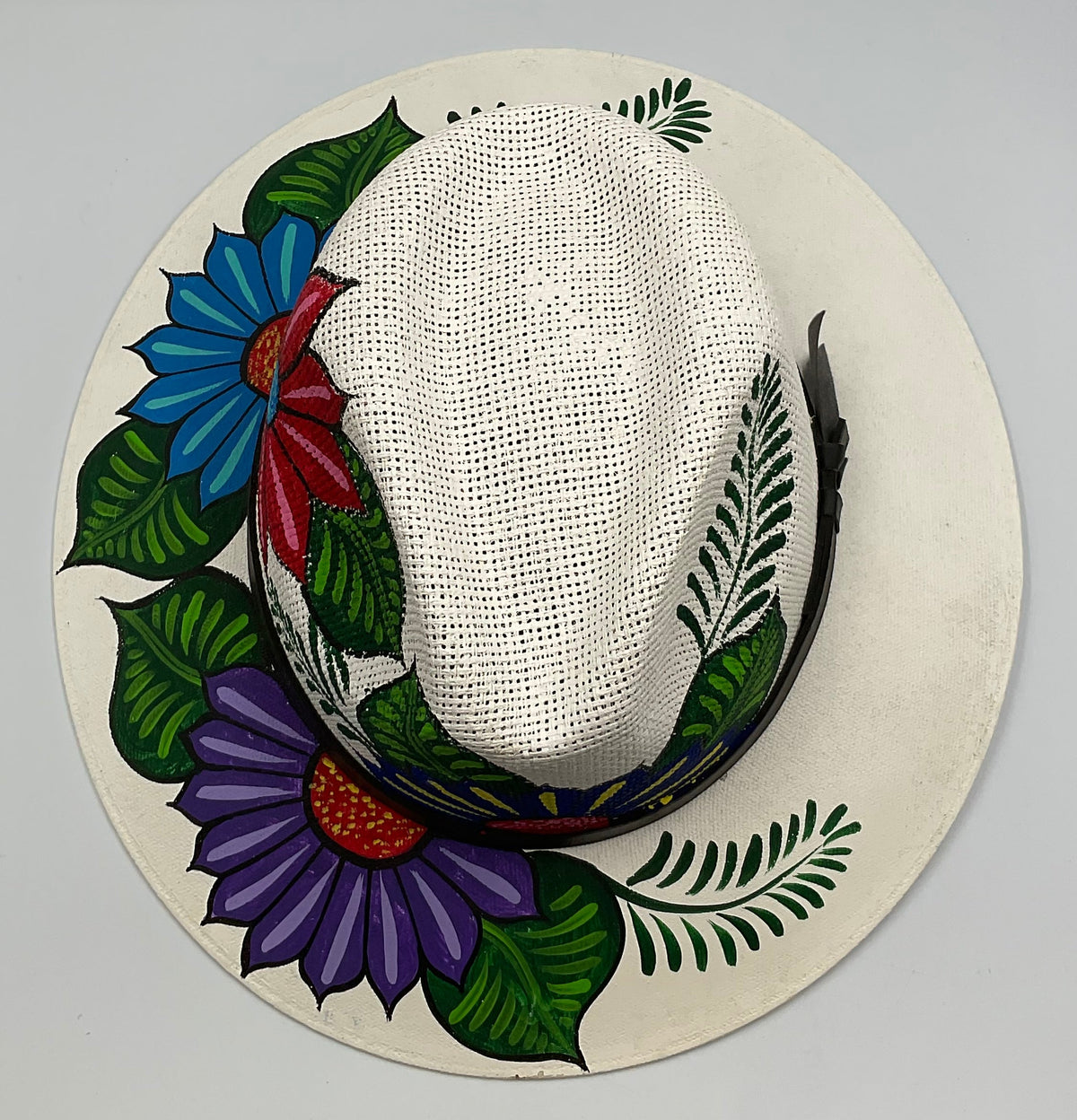 Hand Painted Floral Designed White Fedora Hat Made in Mexico large