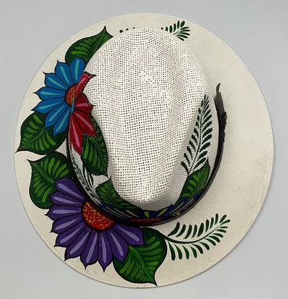 Hand Painted Floral Designed White Fedora Hat Made in Mexico large