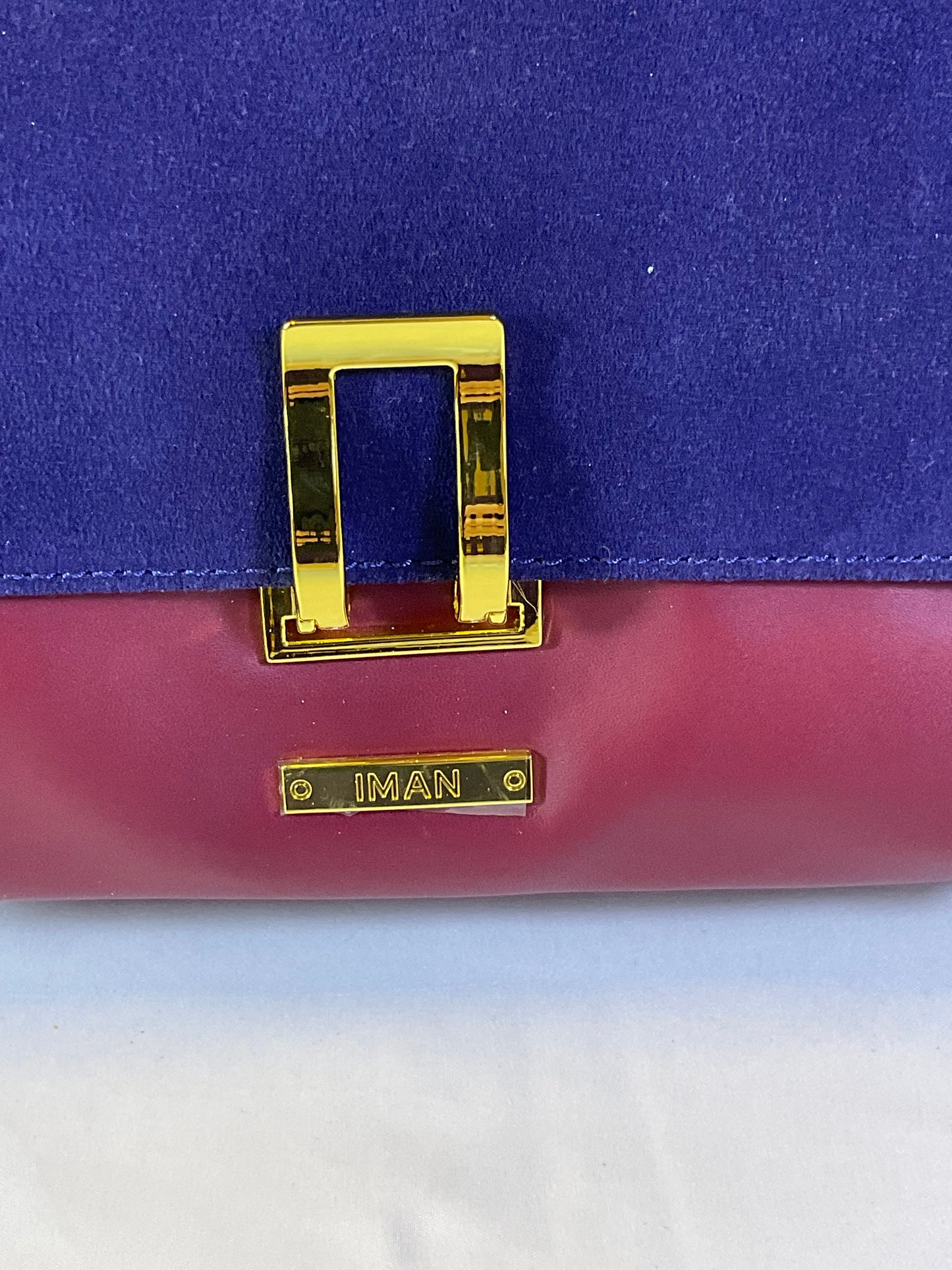 IMAN Global Chic Luxurious Suede and Leather Blue Red Handbag New with Tags