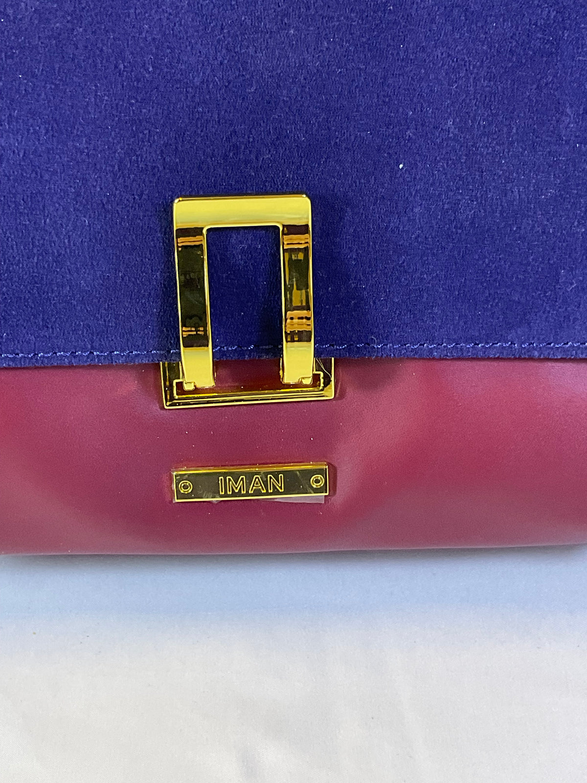 IMAN Global Chic Luxurious Suede and Leather Blue Red Handbag New with Tags