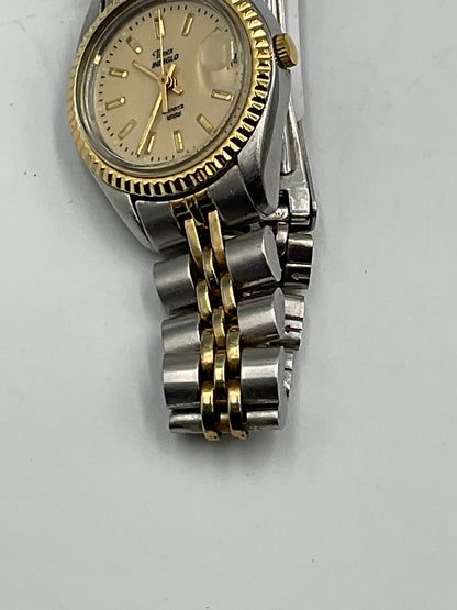 Vintage Timex Two Tone Quartz Watch Champagne Dial Date New Battery Working