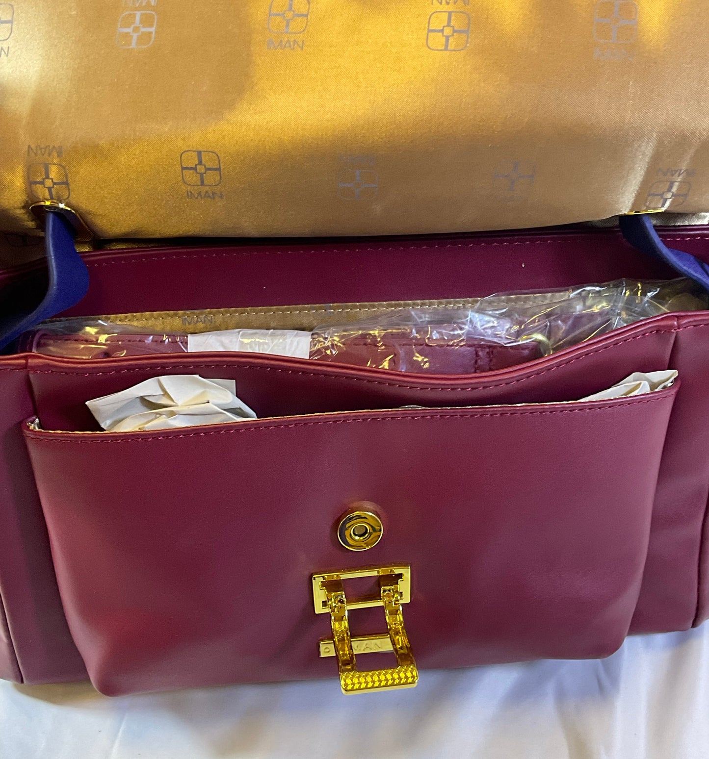 IMAN Global Chic Luxurious Suede and Leather Blue Red Handbag New with Tags