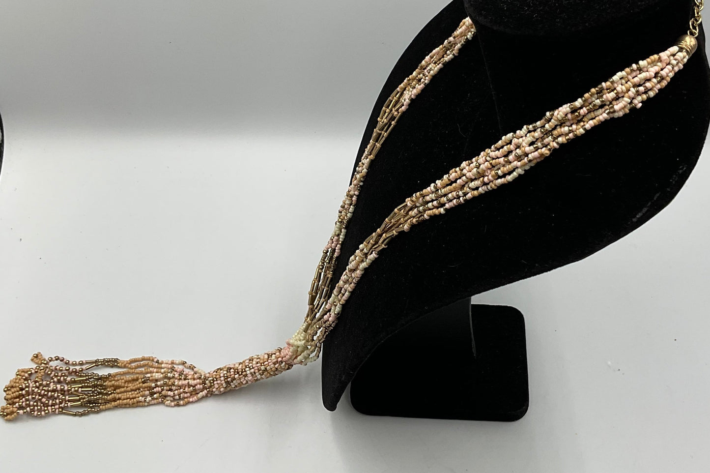Long Dangling Tassel Necklace Tan Small Beaded Design Fashion Jewelry