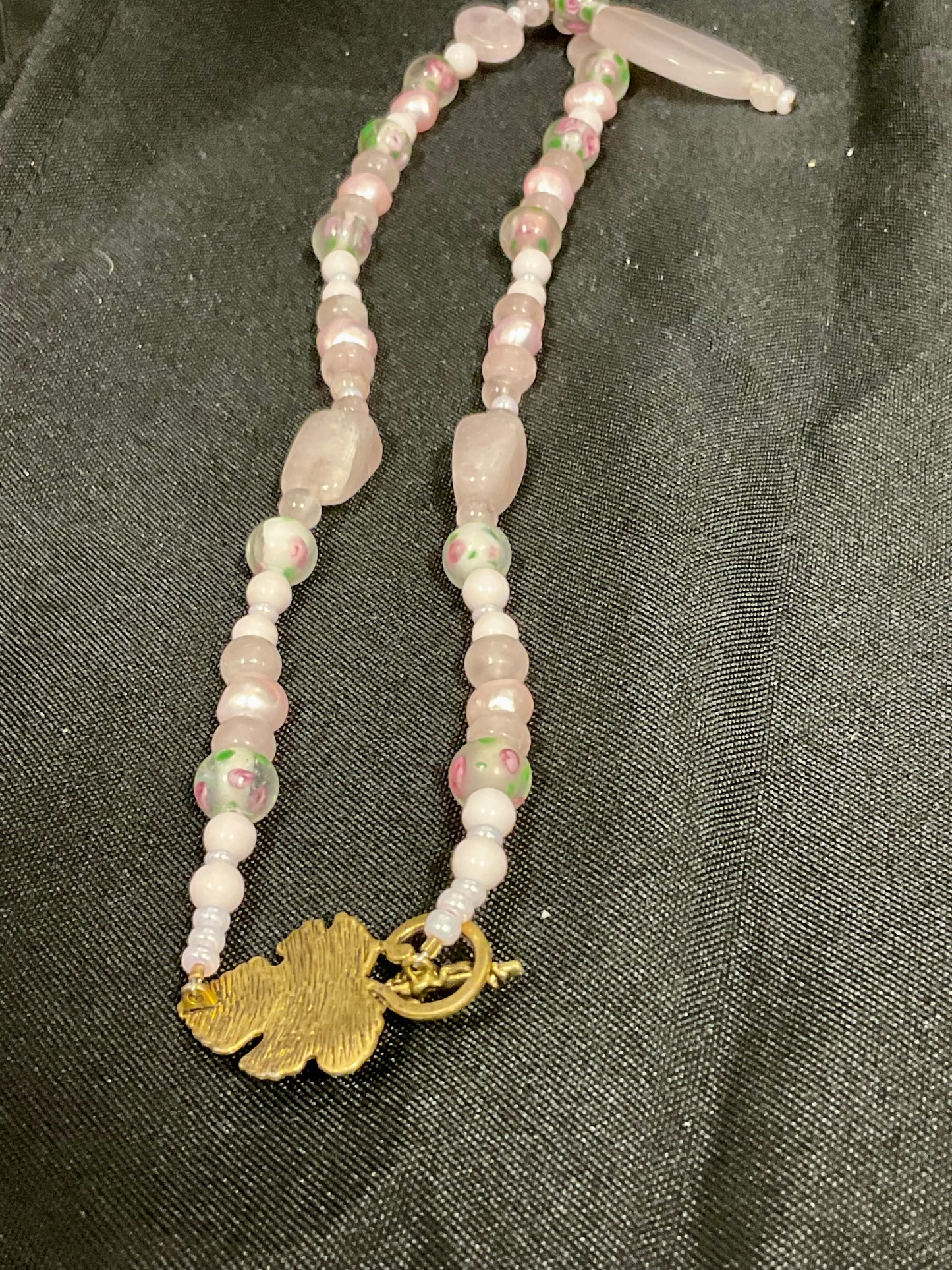Pink Beaded Necklace with Leaf clasp and Pink Pendant