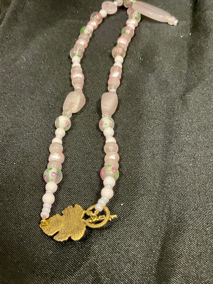 Pink Beaded Necklace with Leaf clasp and Pink Pendant