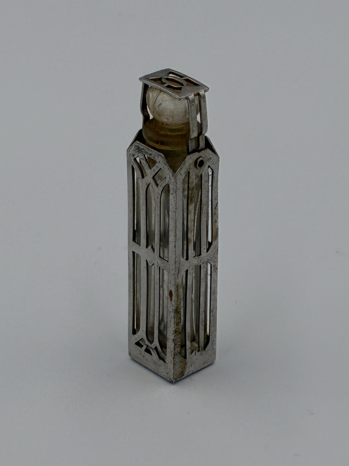 Wells Sterling Silver Caged Scent Bottle and Holder Art Deco