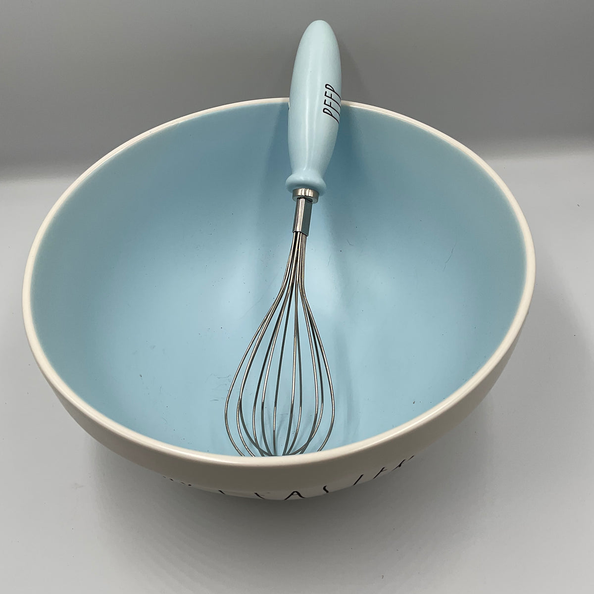 Rae Dunn Happy Easter Blue Ceramic Mixing Bowl PEEP Whisk Set