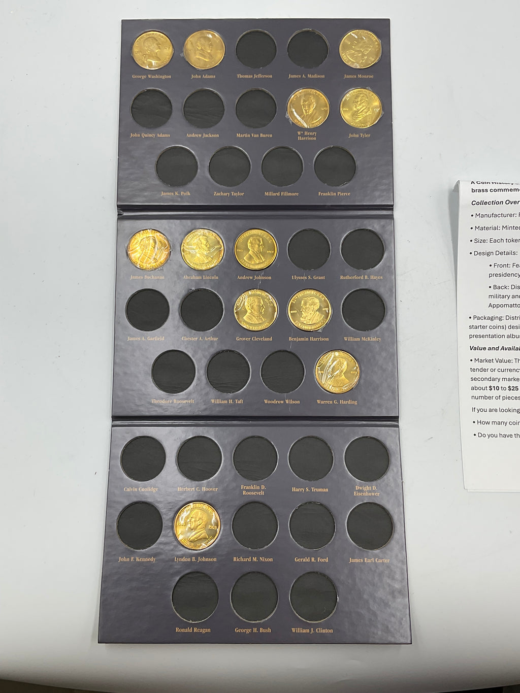 1997 Readers Digest Commemorative Brass Coin Collection US Presidents Incomplete