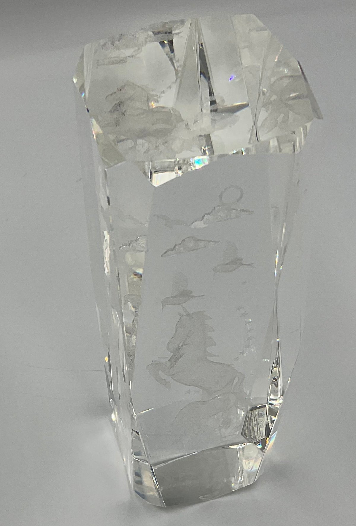 Vintage 3D laser-etched Fantasy Unicorn crystal glass paperweight