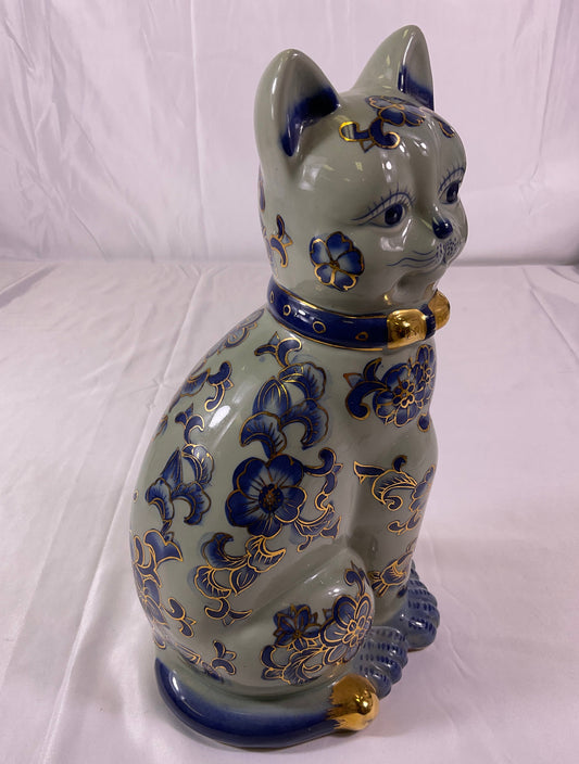 Porcelain Artwork Hand Painted Cat Blue Floral Pattern Gold Accents Vintage 2002
