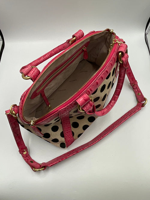 SPA-Purses MEDIUM Brahmin Hot Pink Croc Embossed Leather Satchel Handbag Polka Dot Calf Hair Accents Crossbody Bag