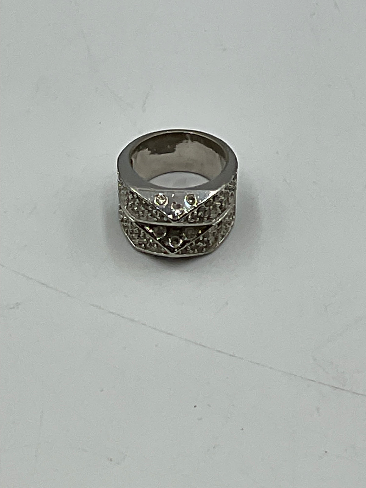 Silver Toned Wide Band Ring Geometric Criicross Clear Rhinestone Accents
