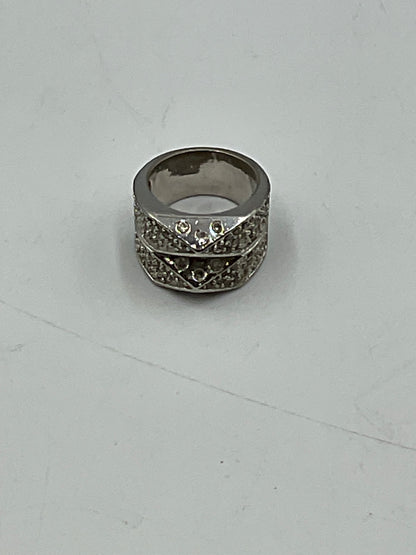 Silver Toned Wide Band Ring Geometric Criicross Clear Rhinestone Accents