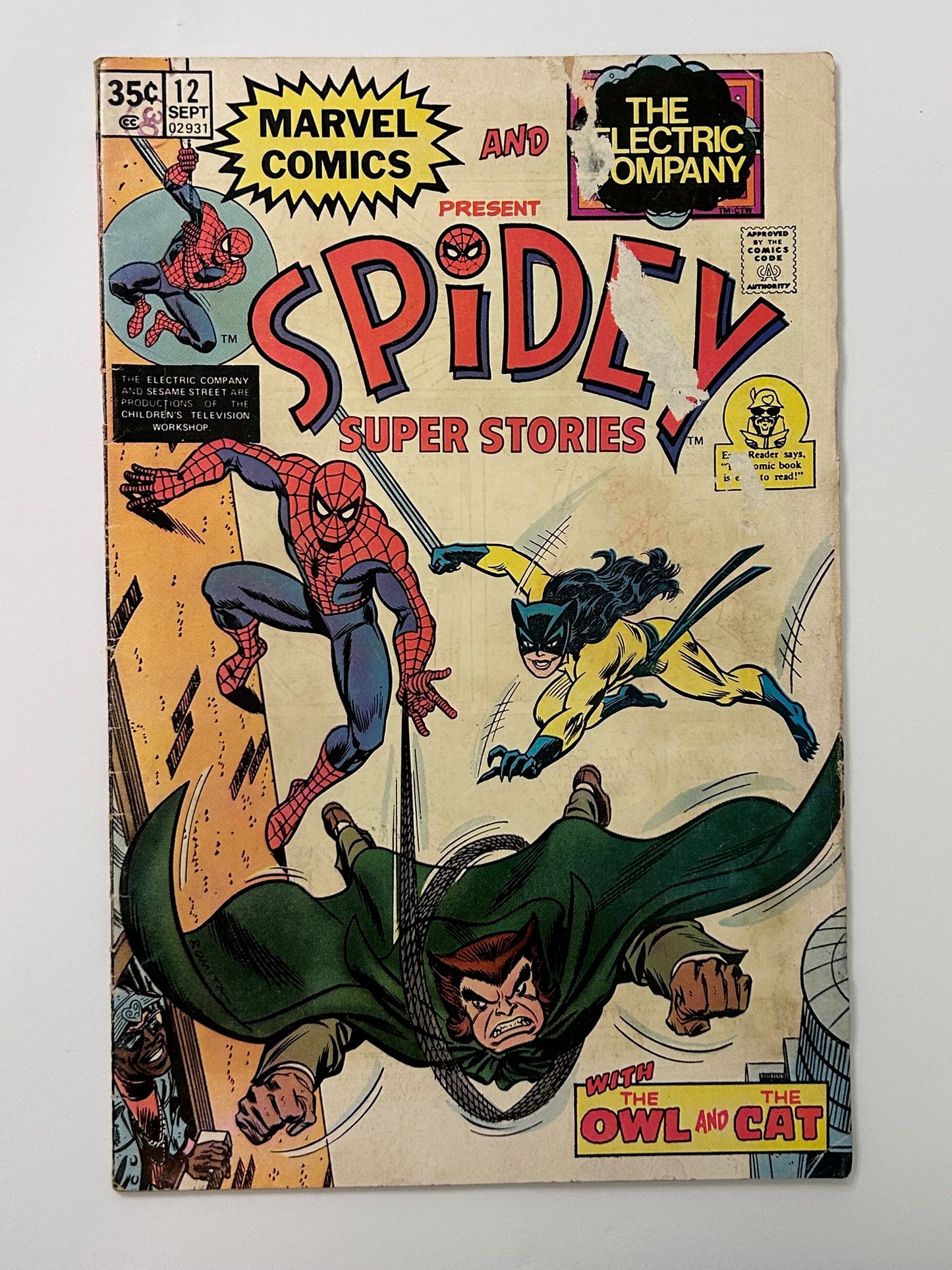 Spider Man Spidey Super Stories #12 The Owl and the Cat Vintage 1975 Marvel Comics and Electric Company Comic Book
