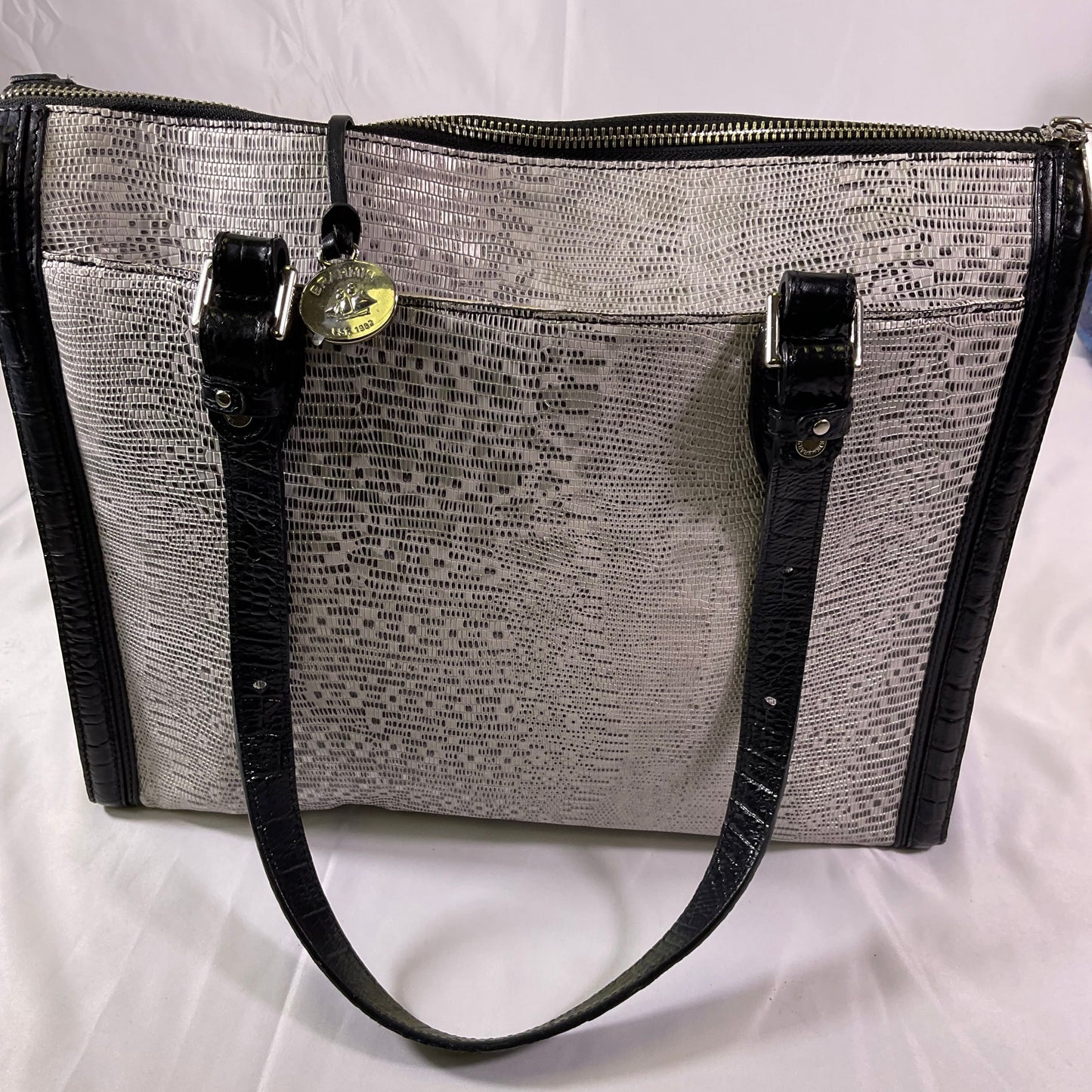 Brahmin Silver and Black Women's Leather Purse Shoulder Bag Faux Snakeskin Design and Metal Accents