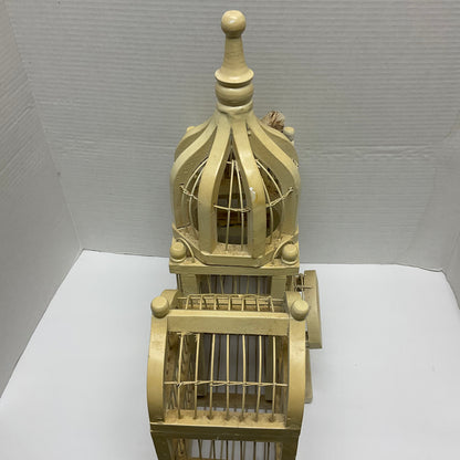 Taj Mahal Inspired Vintage White Wood and Wire Bird Cage and Decorative Bird