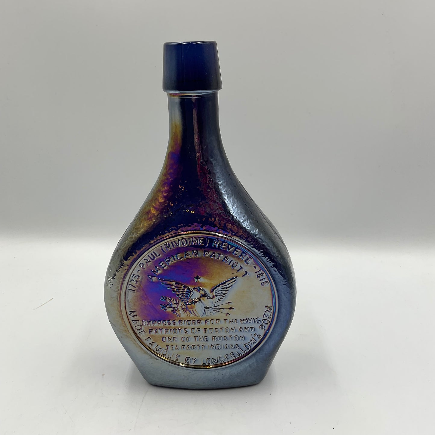 Vintage Wheaton “Great American Series”Blue Iridescent Carnival Glass Bottle