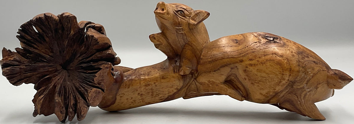 Pig Sculpture Burl Wood Folk Art Handcrafted Burl-Knot 11"