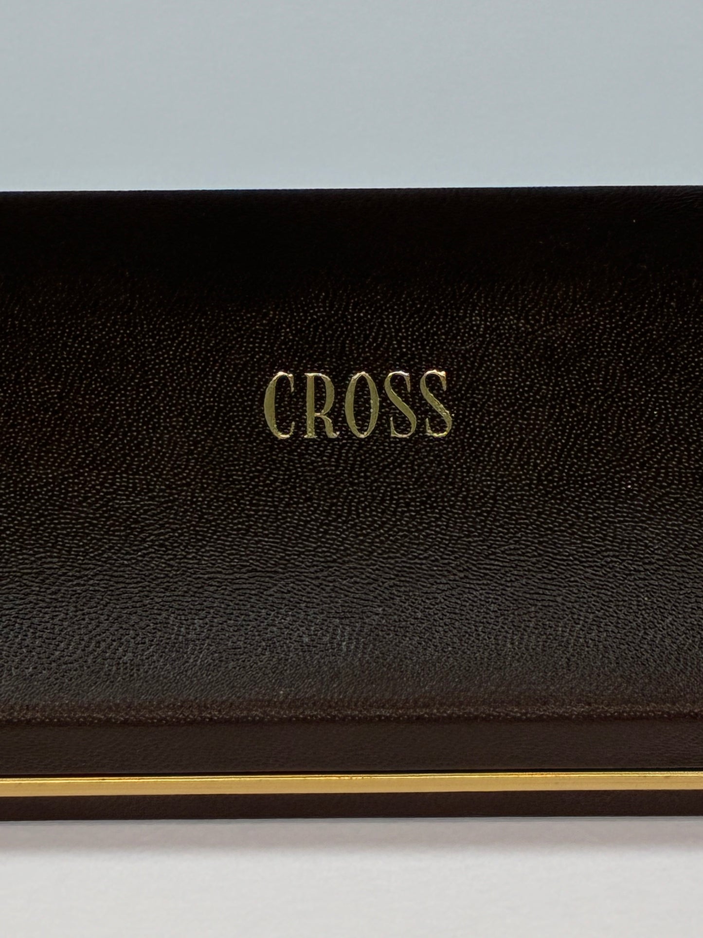 Cross Two-Piece Silvertone Ballpoint Pen Set Blue and Black Ink in Brown Leather Case with Goldtone Trim Lettering
