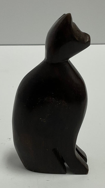 Wooden Cat Figurine Dark Wood Sitting Cat Sculpture
