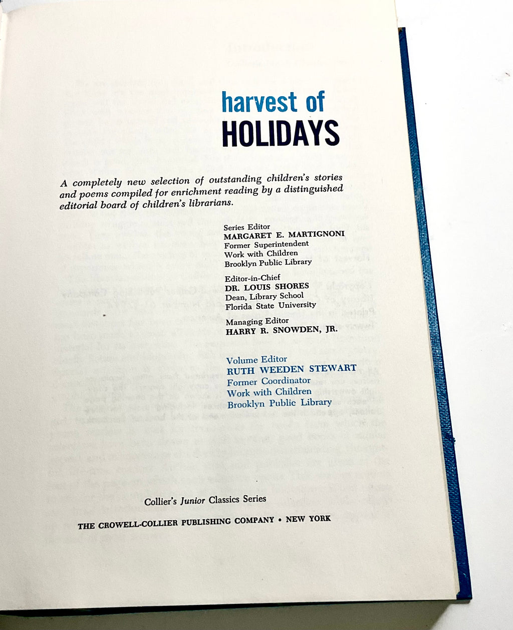 Harvest of Holidays Collier's Junior Classics Series #6 Vintage 1962 Hardcover Book Crowell-Collier Publishing Company