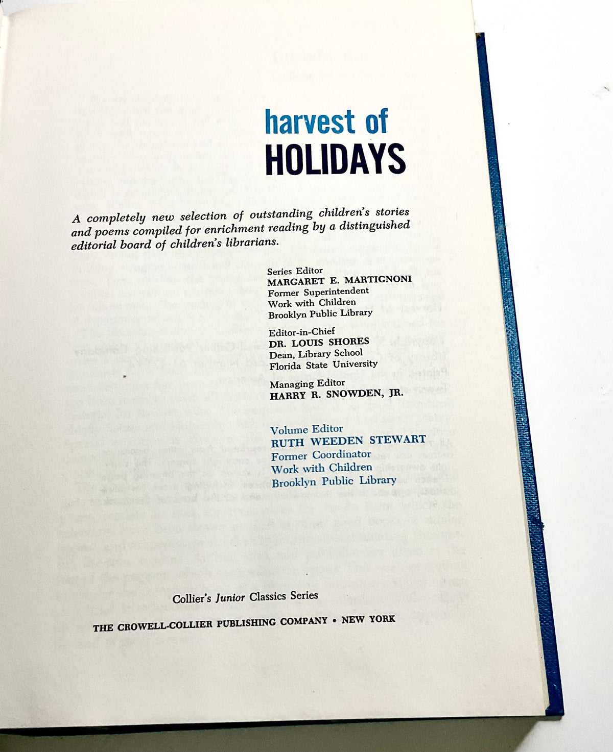 Harvest of Holidays Collier's Junior Classics Series #6 Vintage 1962 Hardcover Book Crowell-Collier Publishing Company