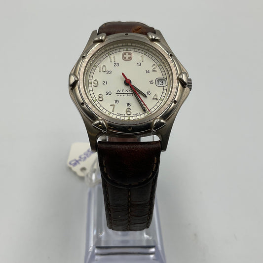 Wenger Vintage Swiss Military Watch Silvertone Case Brown Leather Band New Battery