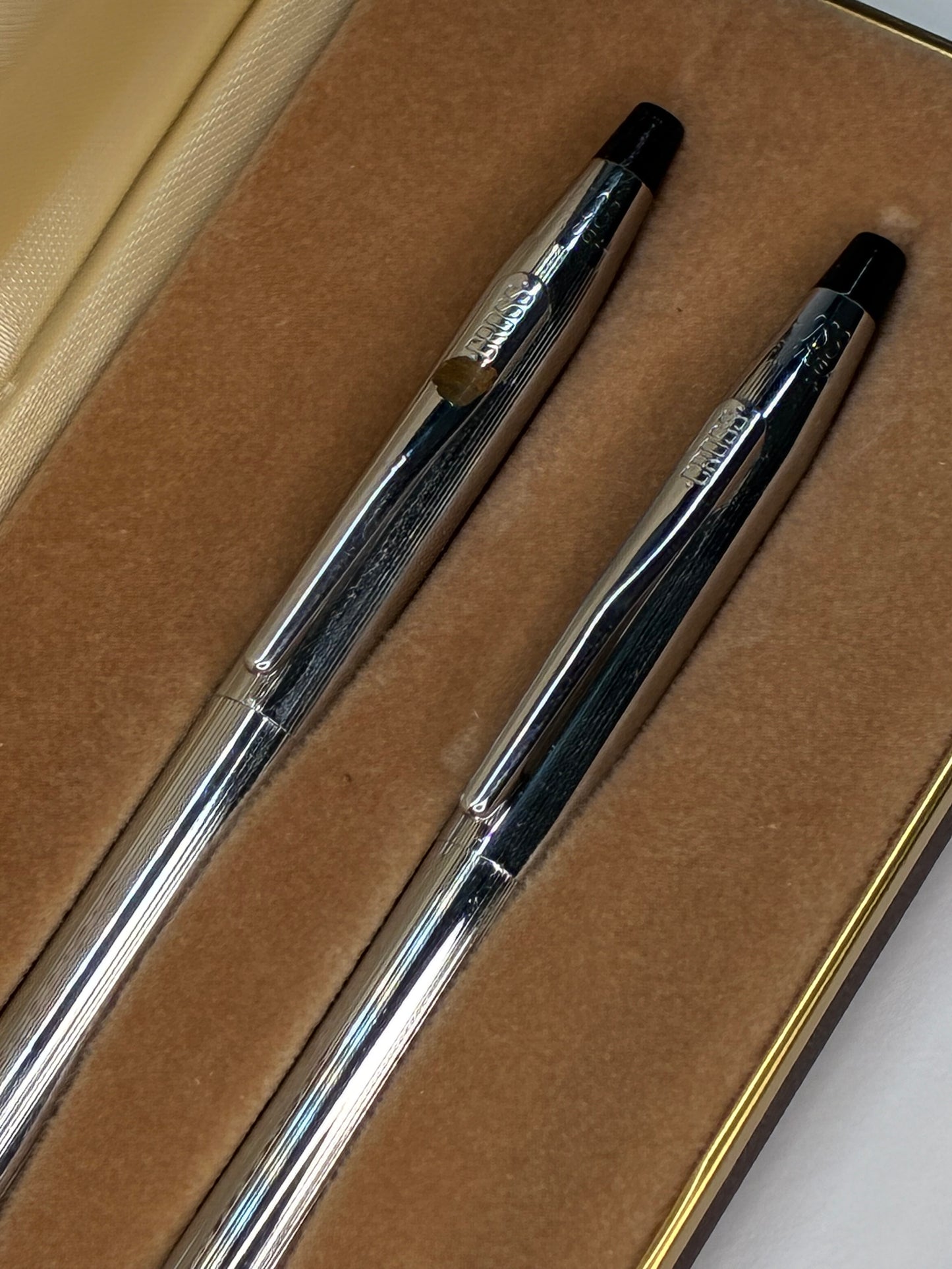 Cross Two-Piece Silvertone Ballpoint Pen Set Blue and Black Ink in Brown Leather Case with Goldtone Trim Lettering