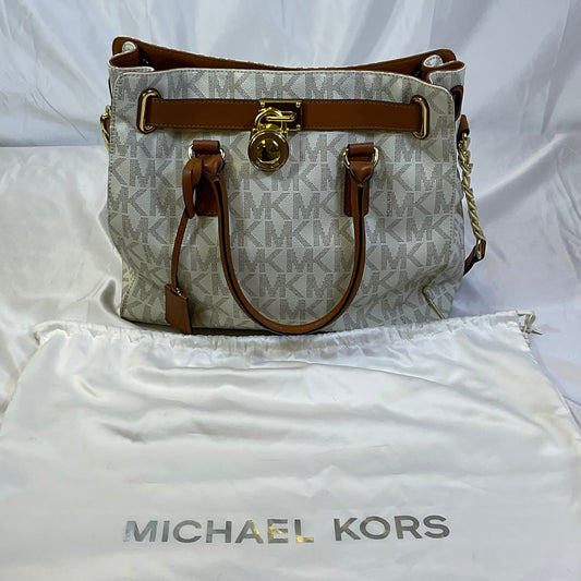 Michael Kors Brown White Leather Signature MK Logo Hamilton North South Tote Goldtone Padlock Key