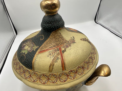 vintage Japanese Satsuma style earthenware covered tureen or casserole dish