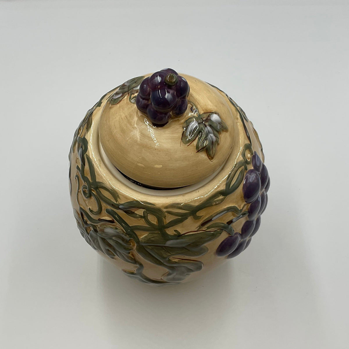Meritage Ceramic Grape Vine Covered Canister Jar Raised Fruit Design