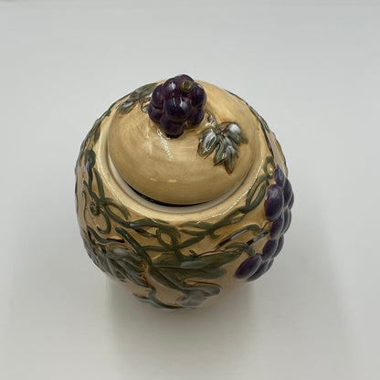 Meritage Ceramic Grape Vine Covered Canister Jar Raised Fruit Design